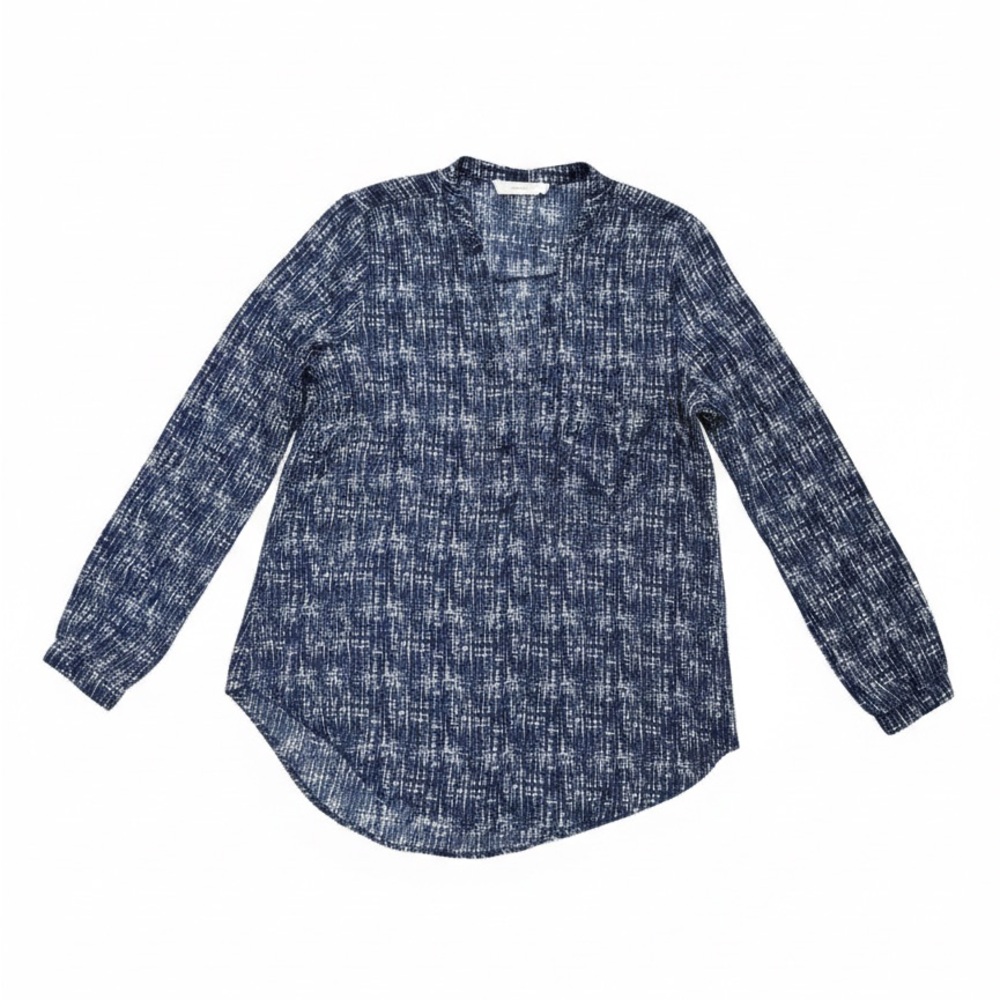 Lush Blue Patterned Long Sleeve V-Neck Blouse Size Medium Classic Office Casual